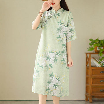Tactile Cotton Blend Half-Sleeve Mindful Cheongsam Midi Dress
