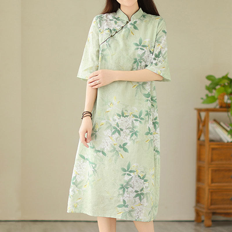 Tactile Cotton Blend Half-Sleeve Mindful Cheongsam Midi Dress