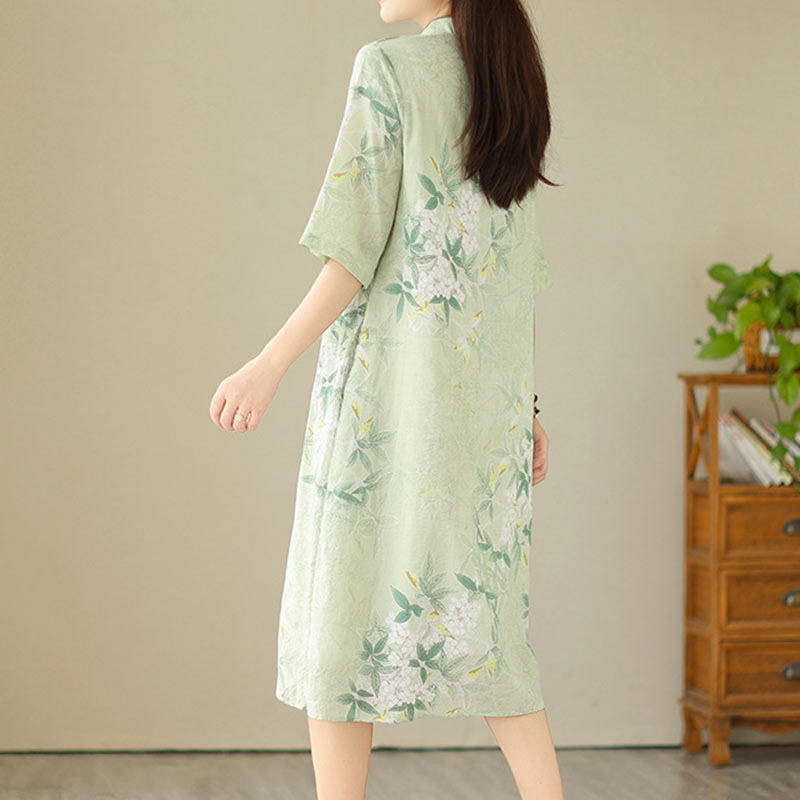 Tactile Cotton Blend Half-Sleeve Mindful Cheongsam Midi Dress
