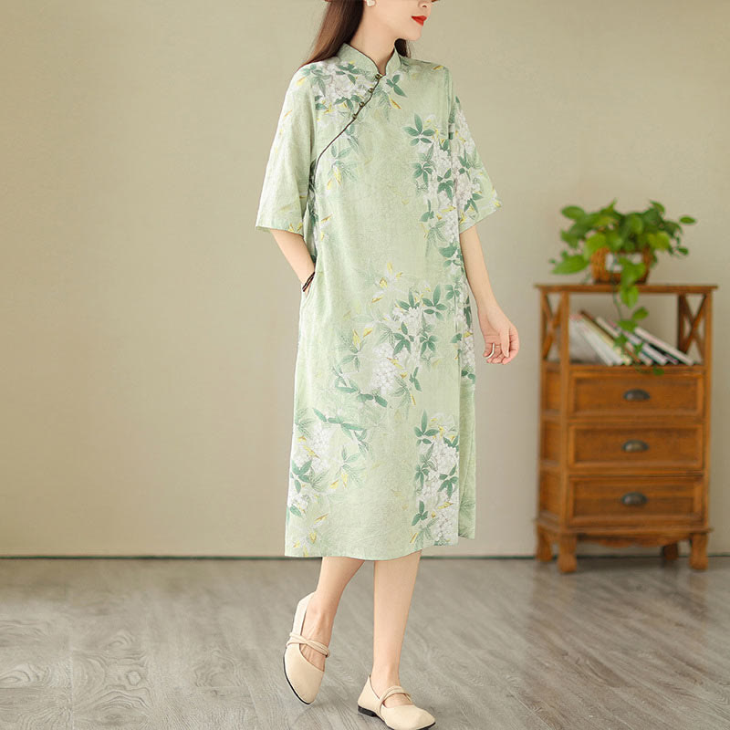 Tactile Cotton Blend Half-Sleeve Mindful Cheongsam Midi Dress