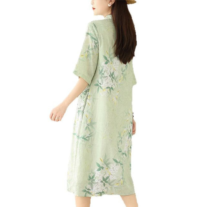 Tactile Cotton Blend Half-Sleeve Mindful Cheongsam Midi Dress