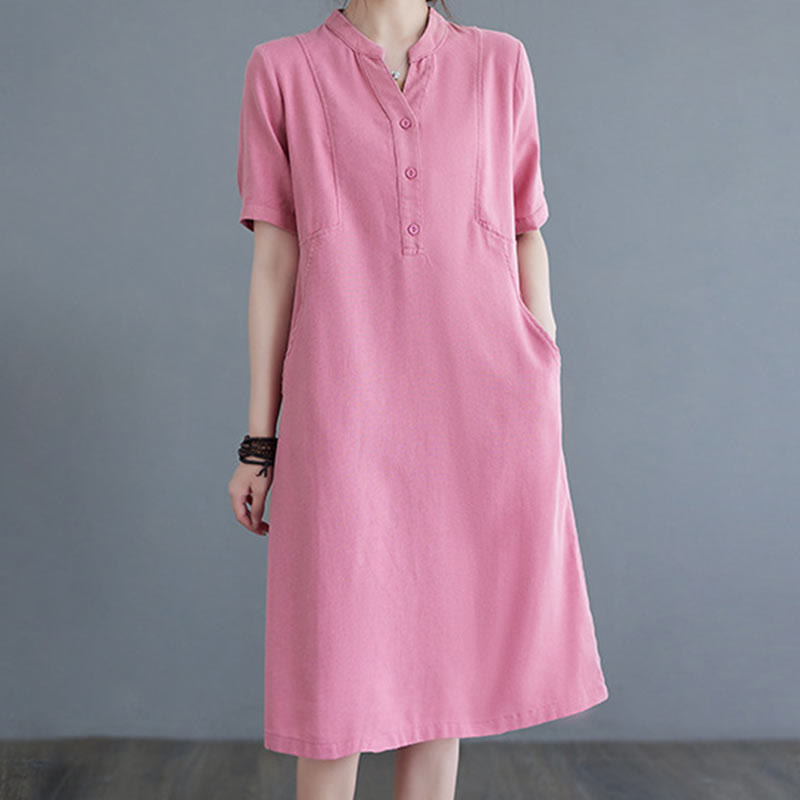 Casual Daily Pure Color Button Design Short Sleeve Cotton Linen Midi Dress With Pockets