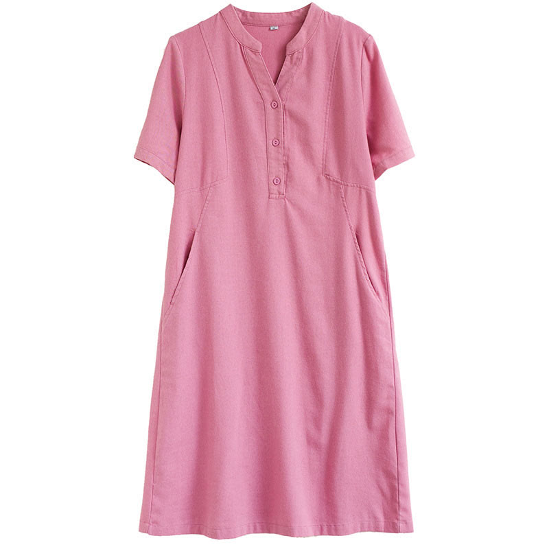 Casual Daily Pure Color Button Design Short Sleeve Cotton Linen Midi Dress With Pockets