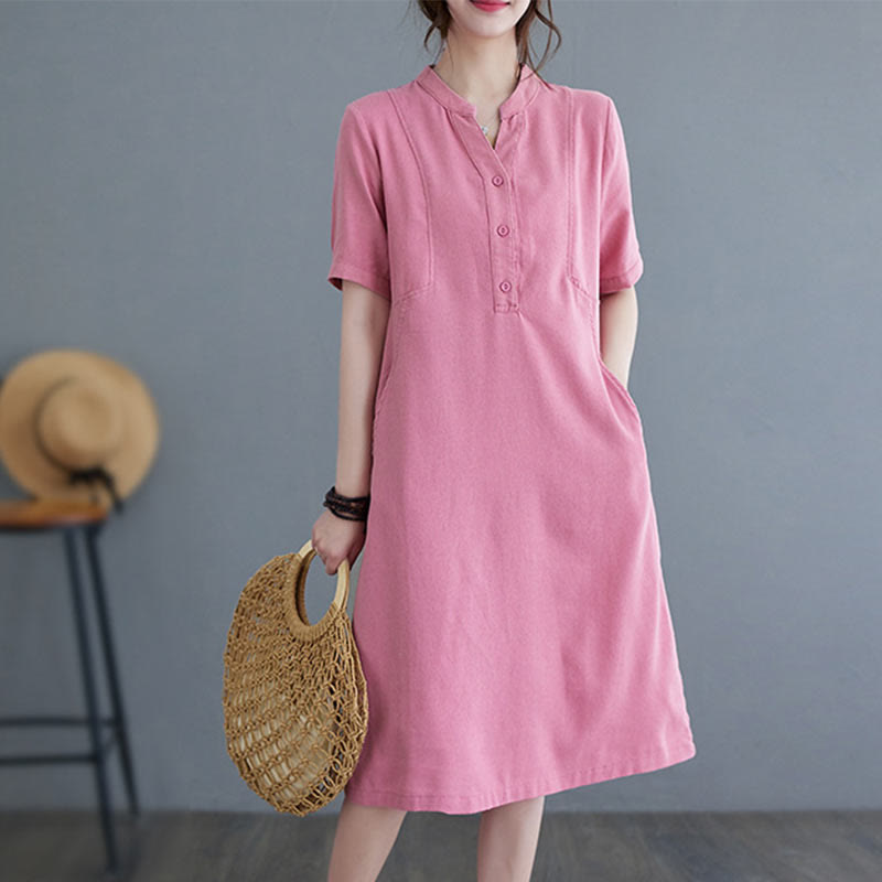 Casual Daily Pure Color Button Design Short Sleeve Cotton Linen Midi Dress With Pockets