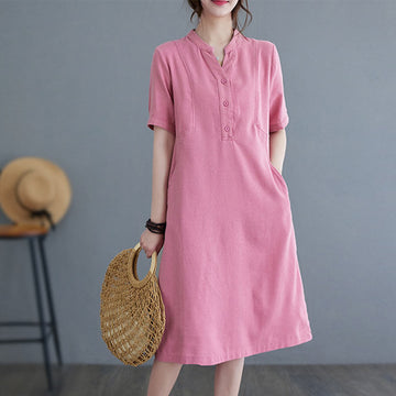 Casual Daily Pure Color Button Design Short Sleeve Cotton Linen Midi Dress With Pockets