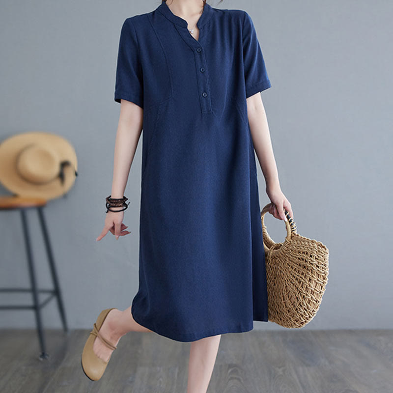 Casual Daily Pure Color Button Design Short Sleeve Cotton Linen Midi Dress With Pockets