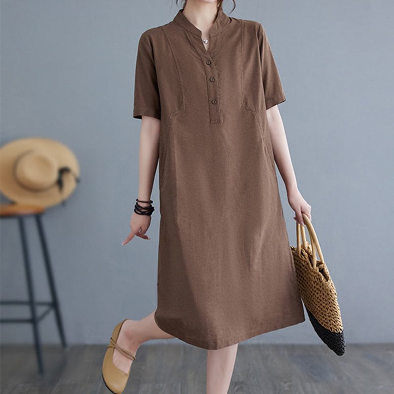 Casual Daily Pure Color Button Design Short Sleeve Cotton Linen Midi Dress With Pockets