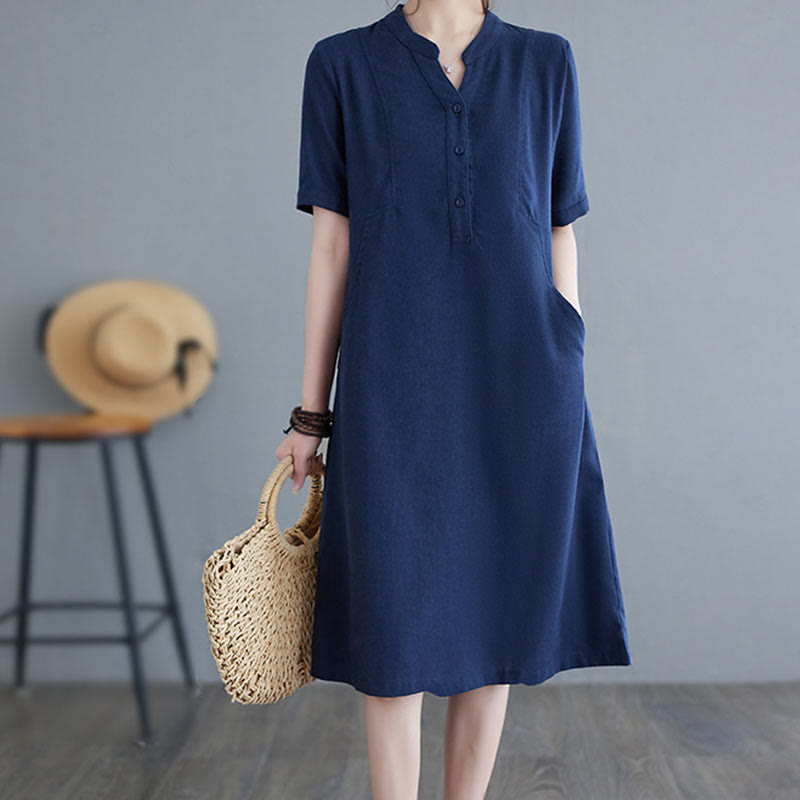 Casual Daily Pure Color Button Design Short Sleeve Cotton Linen Midi Dress With Pockets