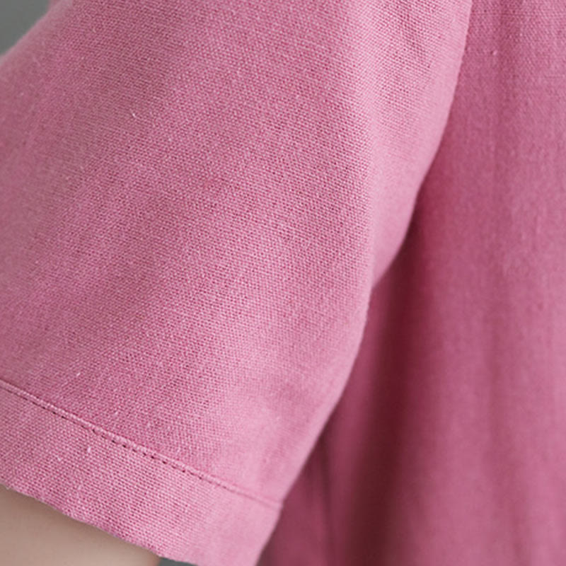 Casual Daily Pure Color Button Design Short Sleeve Cotton Linen Midi Dress With Pockets