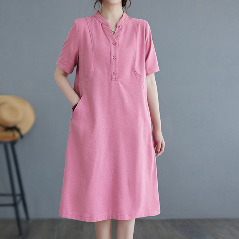 Casual Daily Pure Color Button Design Short Sleeve Cotton Linen Midi Dress With Pockets