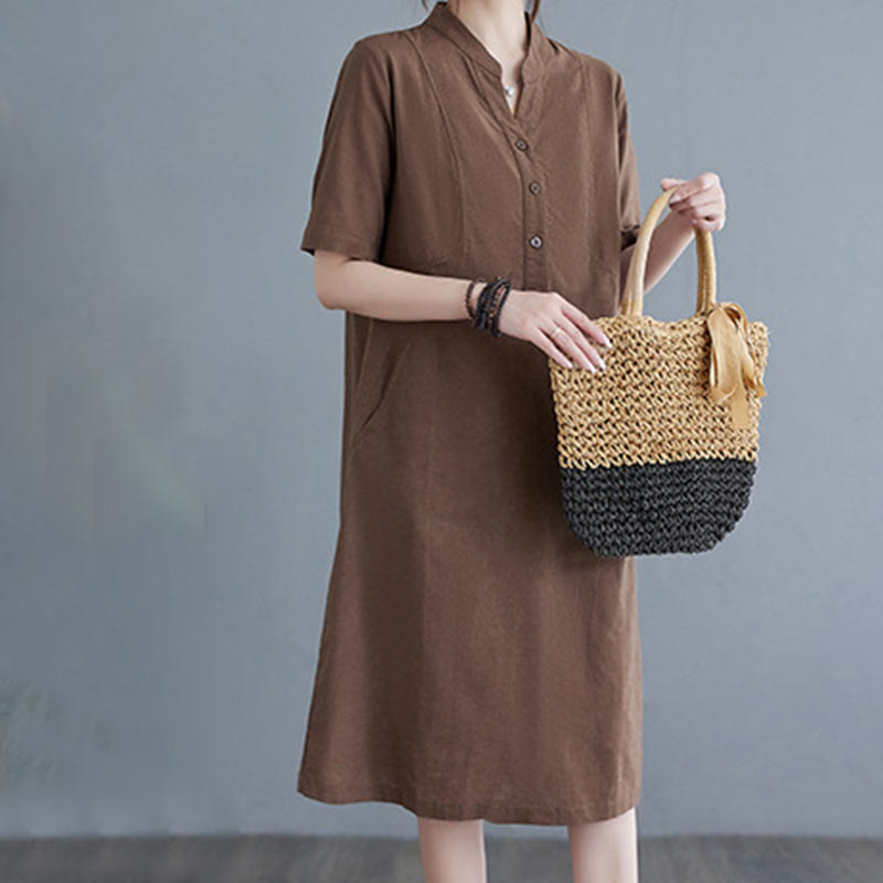 Casual Daily Pure Color Button Design Short Sleeve Cotton Linen Midi Dress With Pockets