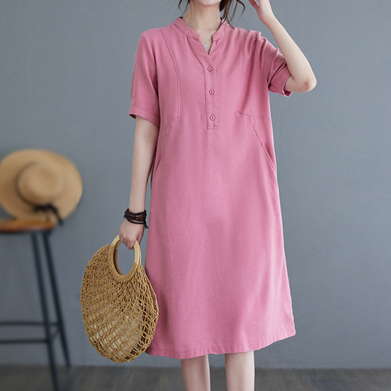 Casual Daily Pure Color Button Design Short Sleeve Cotton Linen Midi Dress With Pockets