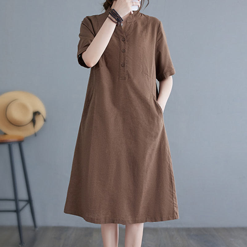 Casual Daily Pure Color Button Design Short Sleeve Cotton Linen Midi Dress With Pockets
