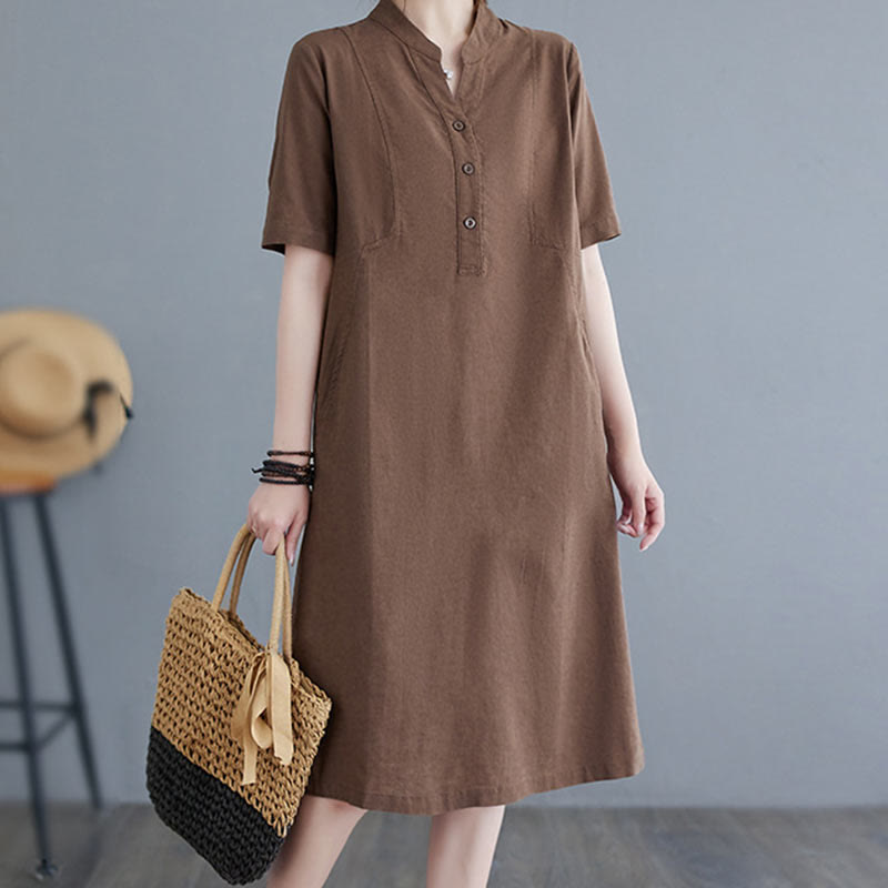 Casual Daily Pure Color Button Design Short Sleeve Cotton Linen Midi Dress With Pockets