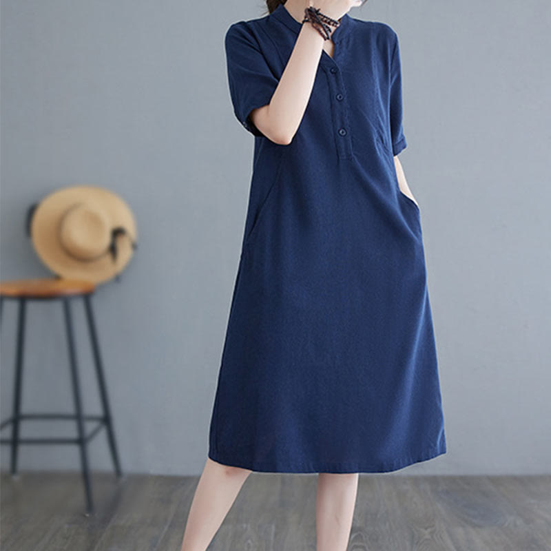 Casual Daily Pure Color Button Design Short Sleeve Cotton Linen Midi Dress With Pockets