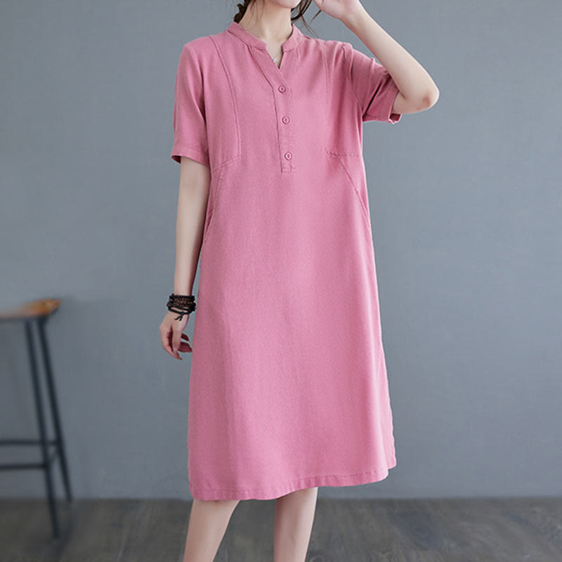 Casual Daily Pure Color Button Design Short Sleeve Cotton Linen Midi Dress With Pockets