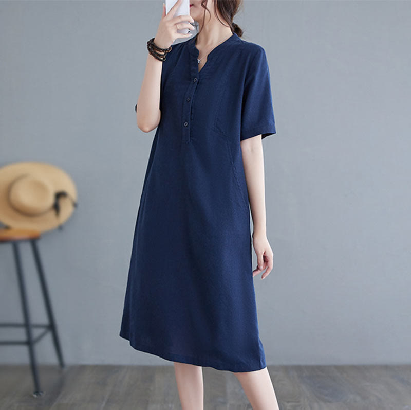 Casual Daily Pure Color Button Design Short Sleeve Cotton Linen Midi Dress With Pockets