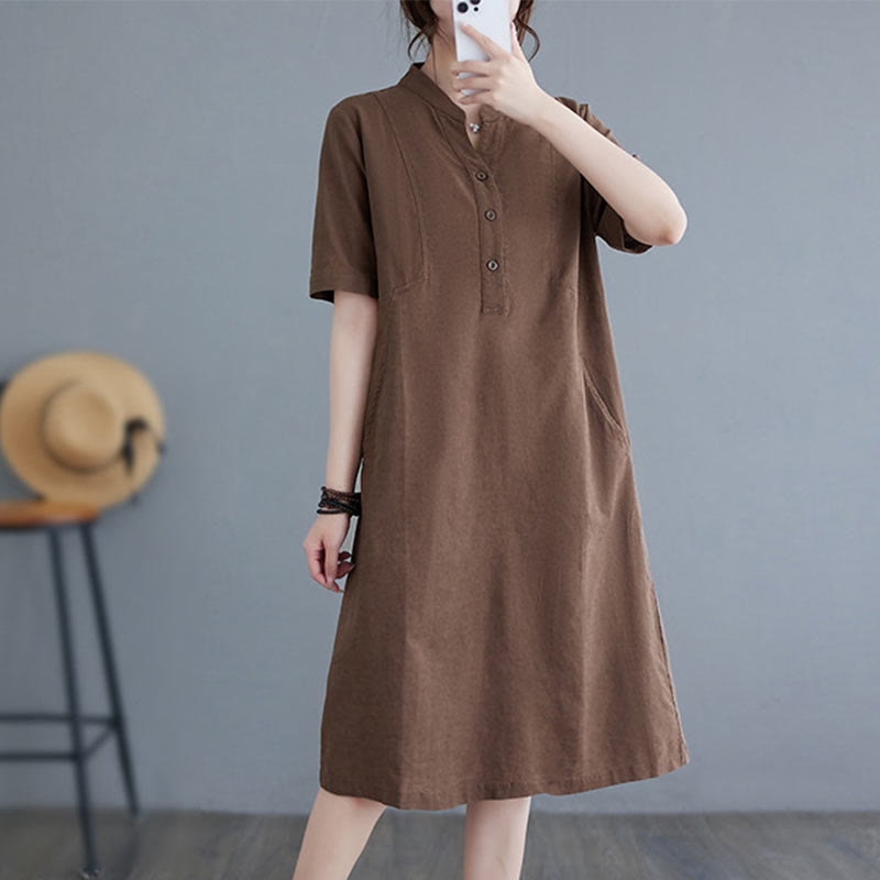 Casual Daily Pure Color Button Design Short Sleeve Cotton Linen Midi Dress With Pockets