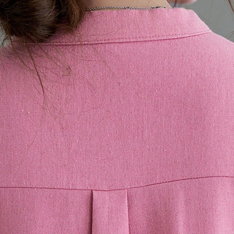 Casual Daily Pure Color Button Design Short Sleeve Cotton Linen Midi Dress With Pockets