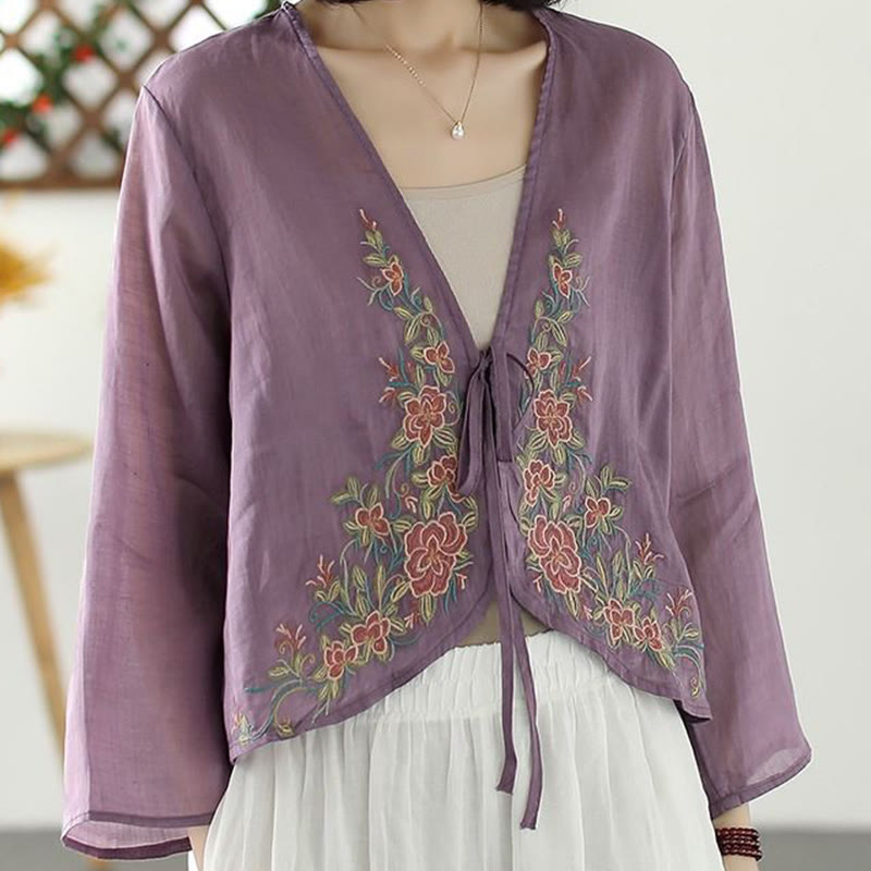 Casual Embroidery Petals Long Sleeve Open Front Cardigan Jacket
