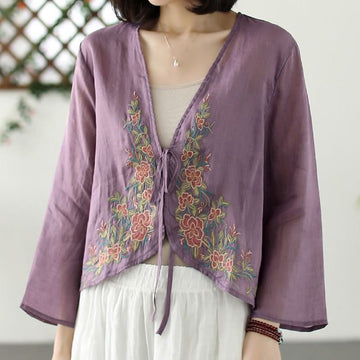 Casual Embroidery Petals Long Sleeve Open Front Cardigan Jacket