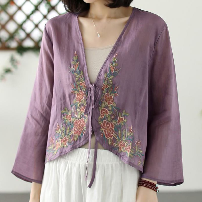 Casual Embroidery Petals Long Sleeve Open Front Cardigan Jacket