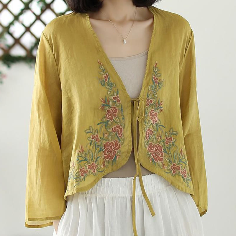 Casual Embroidery Petals Long Sleeve Open Front Cardigan Jacket