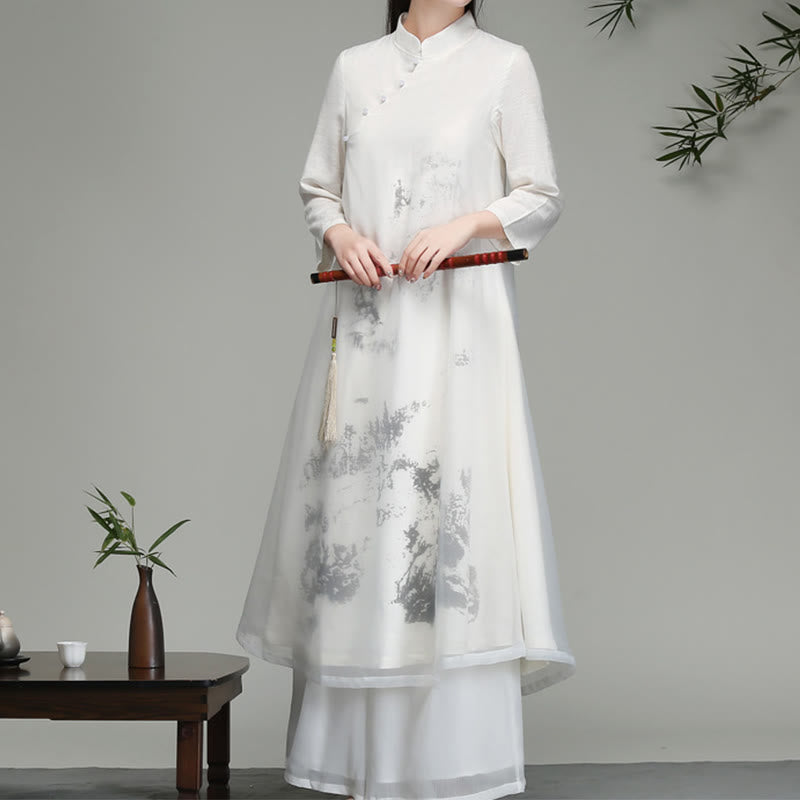 Chinese Frog-Button Design Long Sleeve Chiffon Midi Dress
