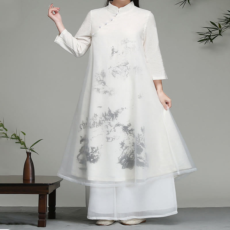 Chinese Frog-Button Design Long Sleeve Chiffon Midi Dress