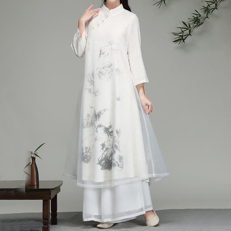 Chinese Frog-Button Design Long Sleeve Chiffon Midi Dress