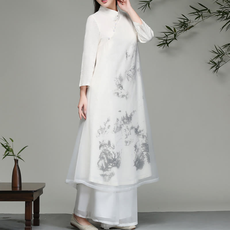 Chinese Frog-Button Design Long Sleeve Chiffon Midi Dress