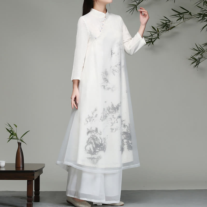 Chinese Frog-Button Design Long Sleeve Chiffon Midi Dress