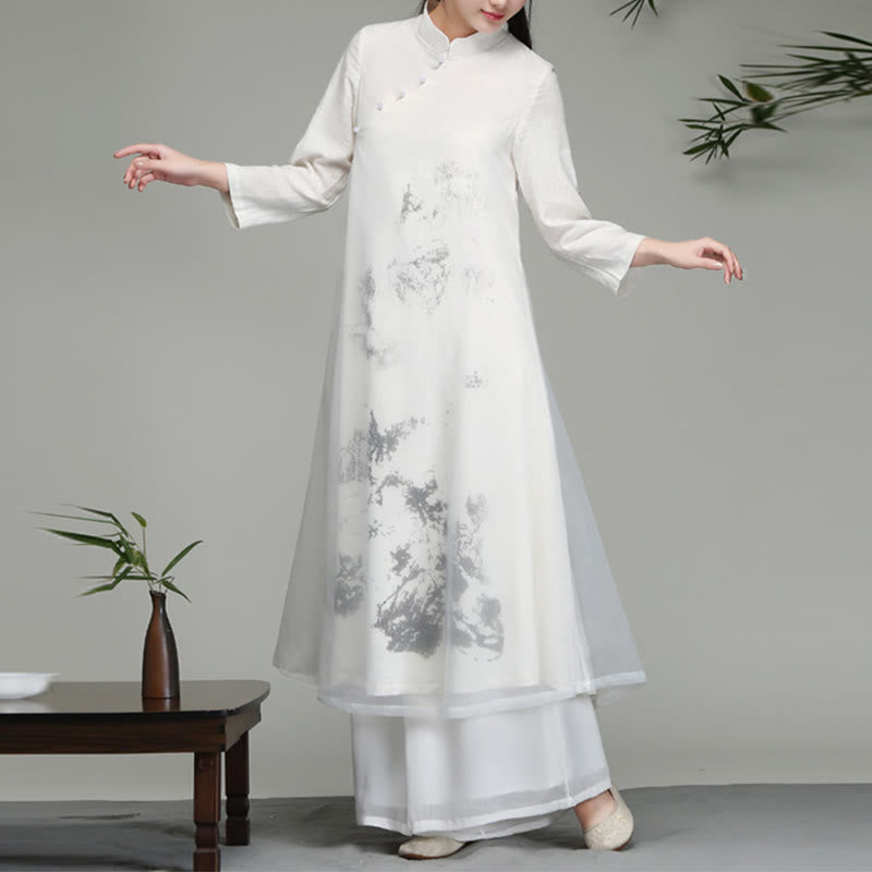 Chinese Frog-Button Design Long Sleeve Chiffon Midi Dress