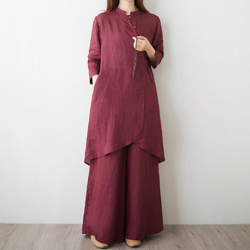 2Pcs Three Quarter Sleeve Shirt Top Pants Meditation Zen Tai Chi Cotton Linen Clothing Women's Set