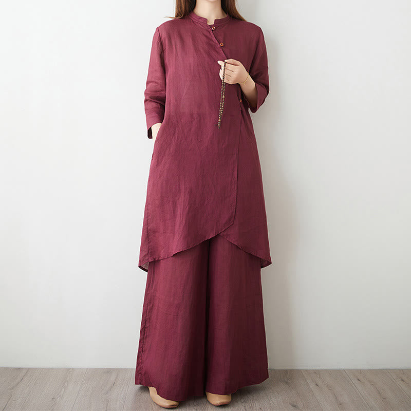 2Pcs Three Quarter Sleeve Shirt Top Pants Meditation Zen Tai Chi Cotton Linen Clothing Women's Set