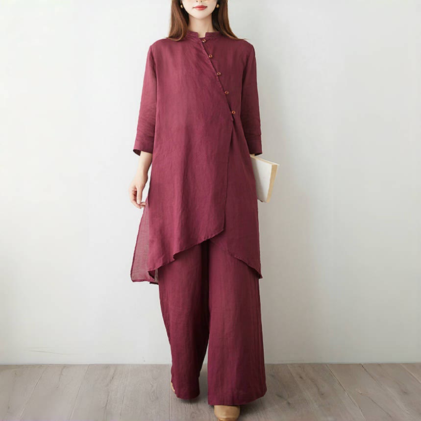 2Pcs Three Quarter Sleeve Shirt Top Pants Meditation Zen Tai Chi Cotton Linen Clothing Women's Set