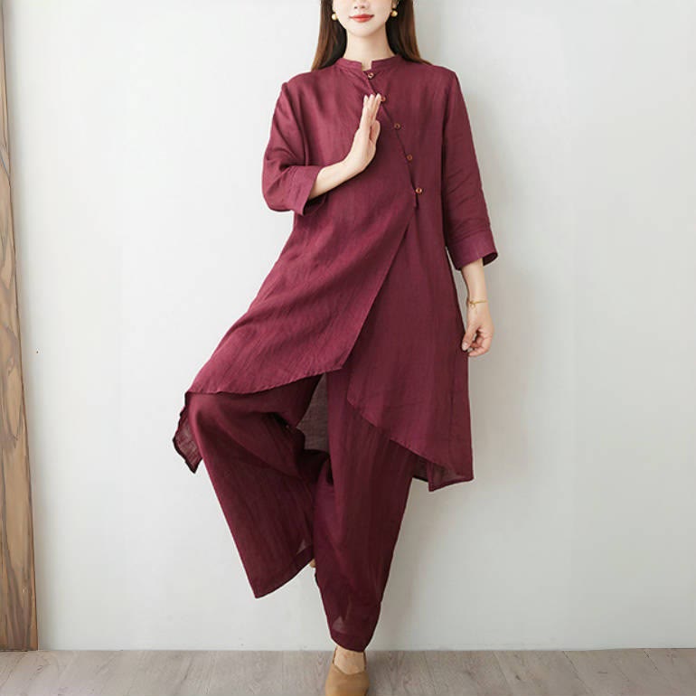 2Pcs Three Quarter Sleeve Shirt Top Pants Meditation Zen Tai Chi Cotton Linen Clothing Women's Set