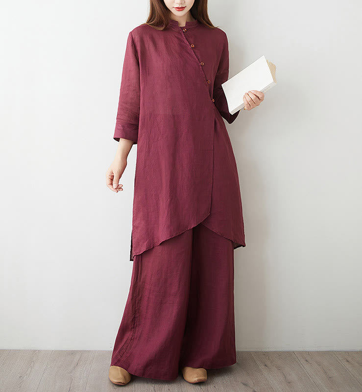 2Pcs Three Quarter Sleeve Shirt Top Pants Meditation Zen Tai Chi Cotton Linen Clothing Women's Set