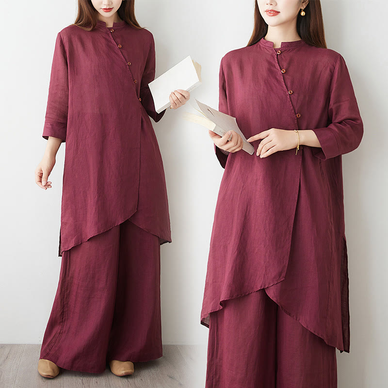2Pcs Three Quarter Sleeve Shirt Top Pants Meditation Zen Tai Chi Cotton Linen Clothing Women's Set