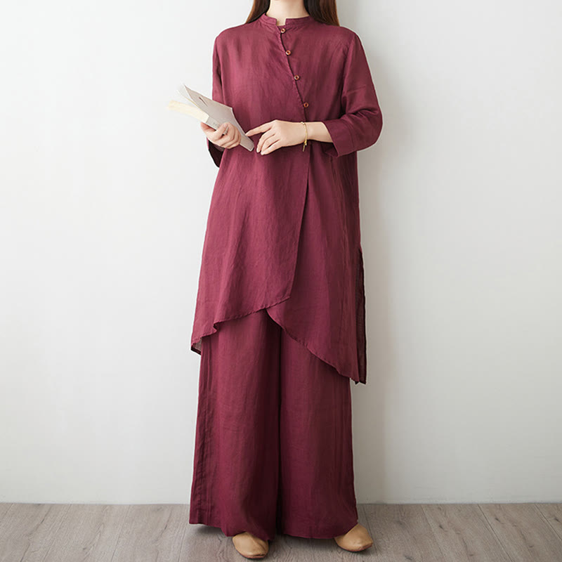 2Pcs Three Quarter Sleeve Shirt Top Pants Meditation Zen Tai Chi Cotton Linen Clothing Women's Set