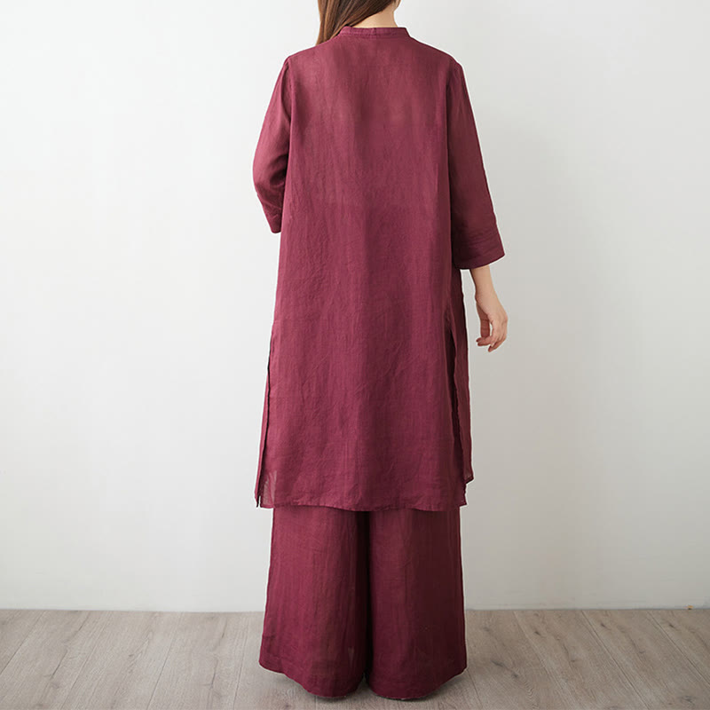 2Pcs Three Quarter Sleeve Shirt Top Pants Meditation Zen Tai Chi Cotton Linen Clothing Women's Set
