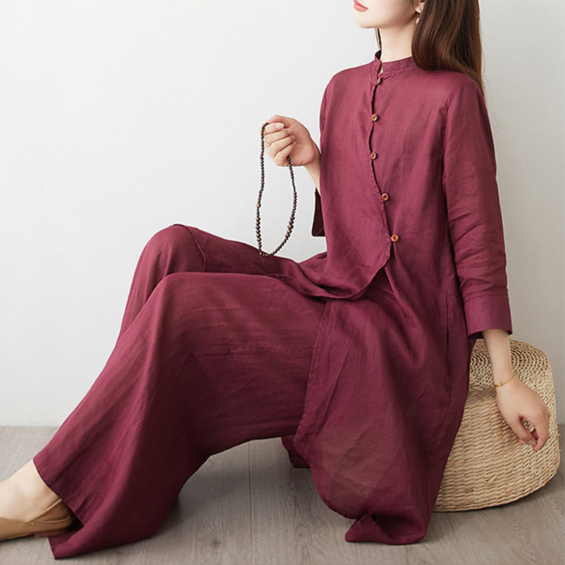 2Pcs Three Quarter Sleeve Shirt Top Pants Meditation Zen Tai Chi Cotton Linen Clothing Women's Set