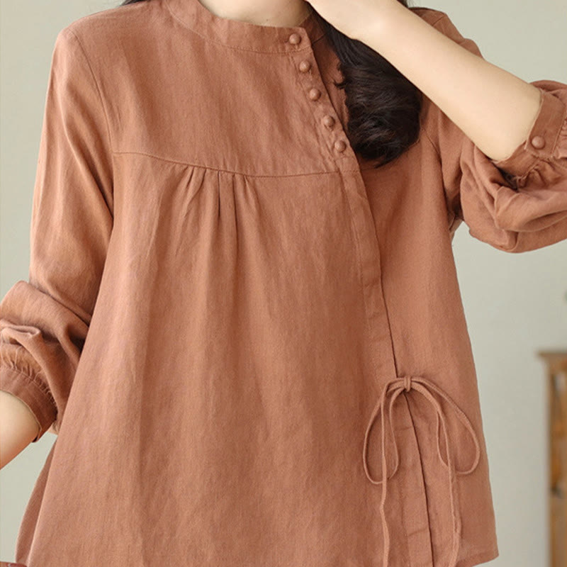 Fall Casual Solid Color Stand Collar Long Sleeve Cotton Linen Women's Shirt