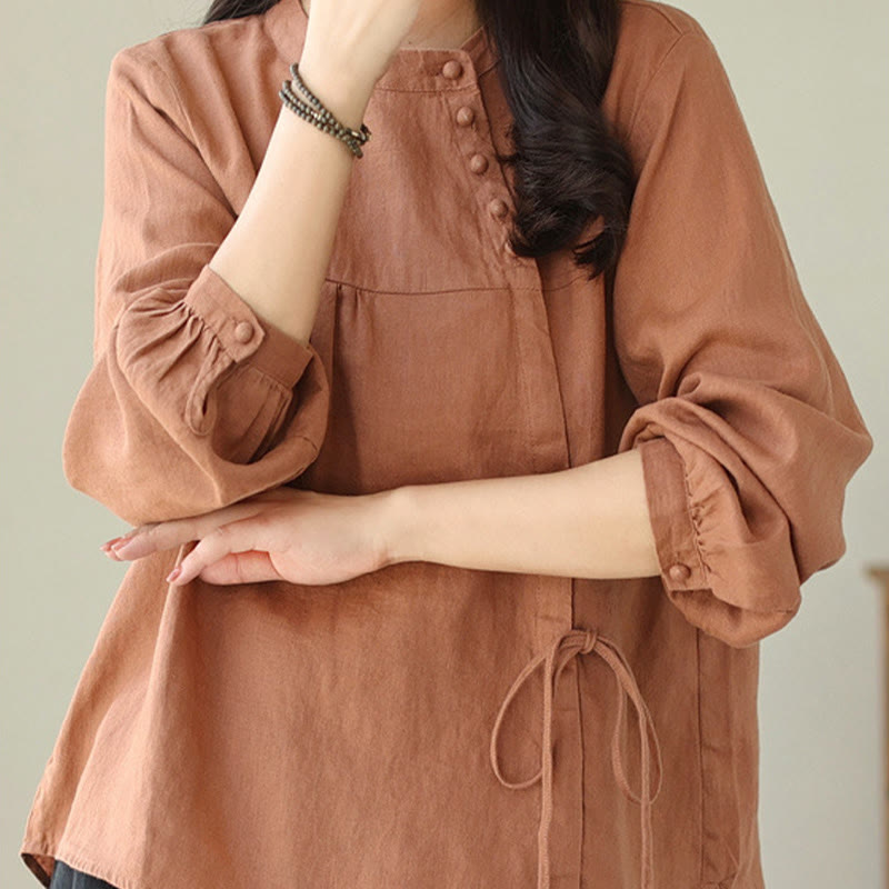 Fall Casual Solid Color Stand Collar Long Sleeve Cotton Linen Women's Shirt