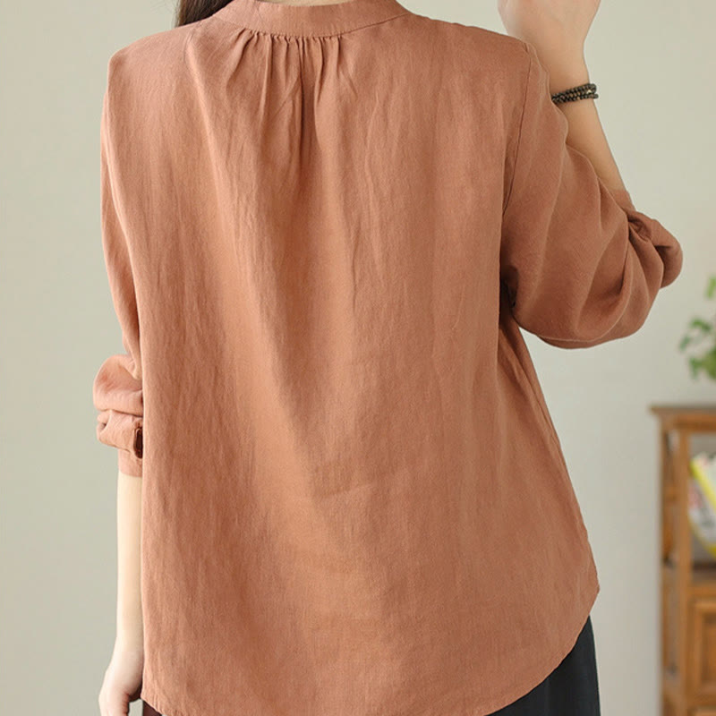 Fall Casual Solid Color Stand Collar Long Sleeve Cotton Linen Women's Shirt