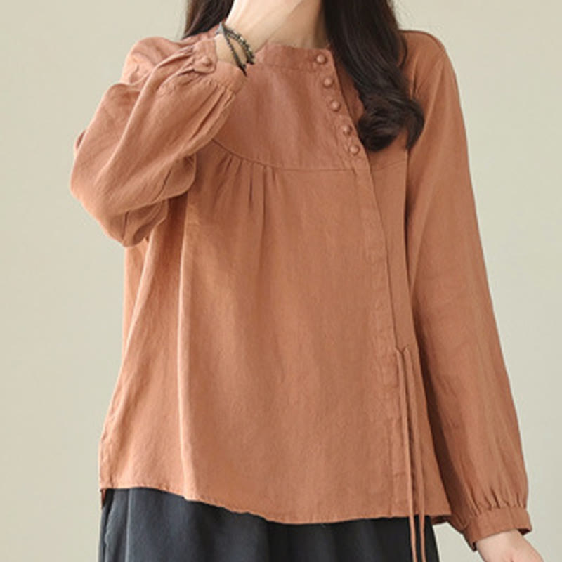 Fall Casual Solid Color Stand Collar Long Sleeve Cotton Linen Women's Shirt