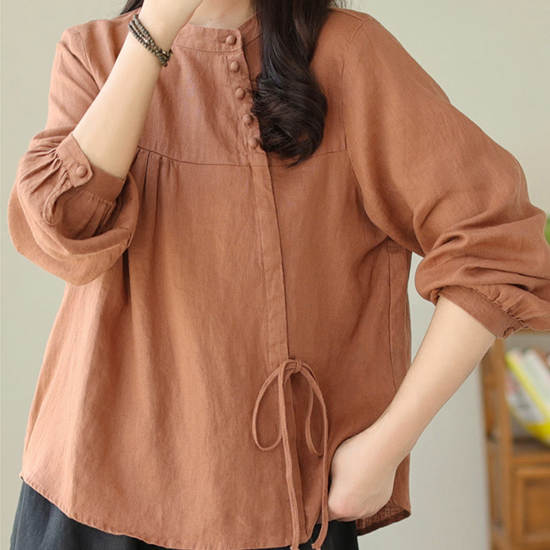 Fall Casual Solid Color Stand Collar Long Sleeve Cotton Linen Women's Shirt