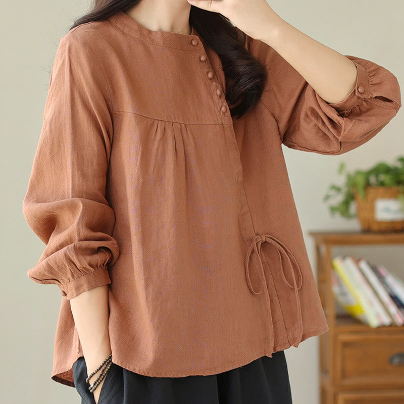 Fall Casual Solid Color Stand Collar Long Sleeve Cotton Linen Women's Shirt