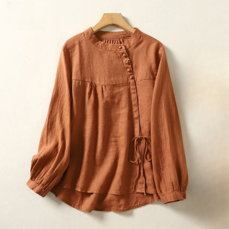 Fall Casual Solid Color Stand Collar Long Sleeve Cotton Linen Women's Shirt
