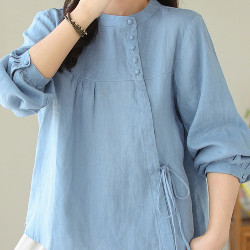 Fall Casual Solid Color Stand Collar Long Sleeve Cotton Linen Women's Shirt